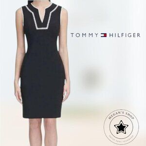 Tommy Hilfiger Black and White V Neck Scuba Crepe Sheath Dress Size 14
